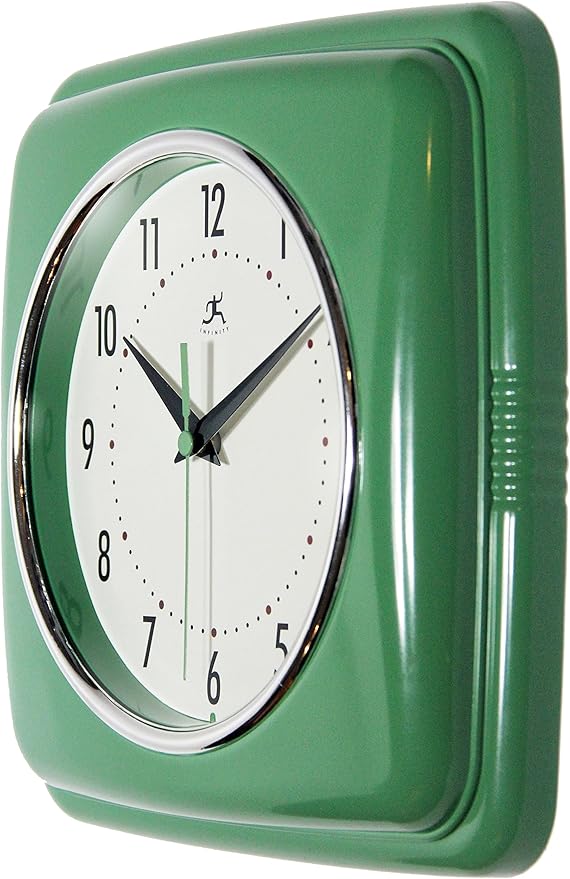 Infinity Instruments Square Silent Retro 9 inch Mid Century Modern Kitchen Diner Retro Wall Clock Quartz Sweep Movement (Green)