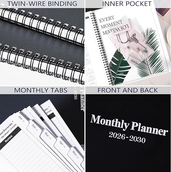 2026-2030 Monthly Planner/Calendar - Jan 2026 - Dec 2030, 5 Year Monthly Planner with Tabs & Celebrity Quotes, 9" x 11", Famous Quotes, Two-Side Pocket, Suitable for Long-Term Planning, Black