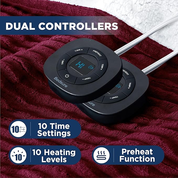 Bedsure GentleSoft Electric Blanket King Size - Soft Ribbed Flannel Heated Blanket with Dual Control, Heating with 10 Heat Settings & 10 Time Settings, 8 hrs Timer Auto Shut Off (90"x100", Burgundy)