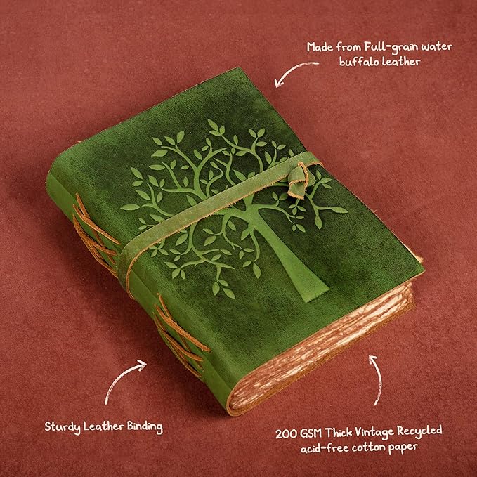 LEATHER VILLAGE Tree of Life Journal - 6 X 4 (A6) inches - Green - 200 Antique Deckle Edge Handmade Paper – Book of Shadows - Vintage Leather Bound Journal for Women & Men