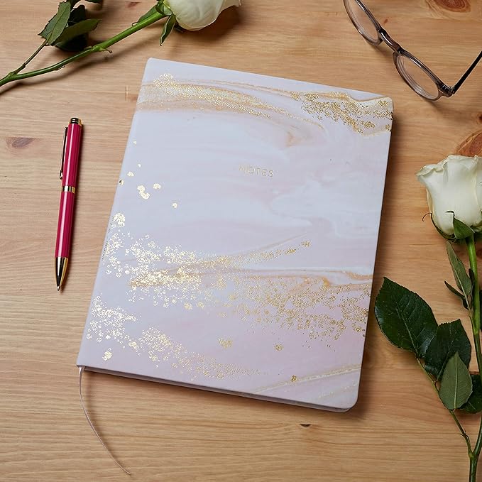 Eccolo Large Lined Journal Notebook, Hardbound Cover, Writing Journal, 256 Ruled White Pages, Ribbon Bookmark, Lay Flat, Desk Size for Work or School, Gold Foil Marble (Pink, 8x10 inches)
