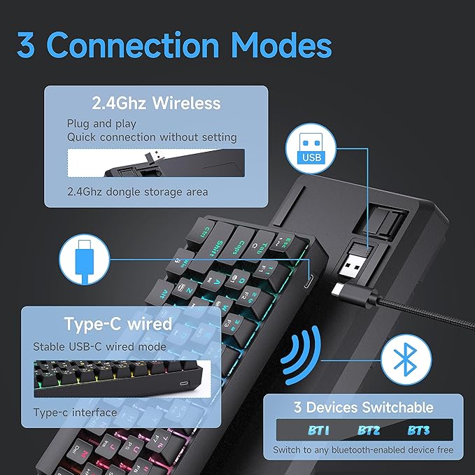 DIERYA DK63 60% Wireless Mechanical Gaming Keyboard | Bluetooth/2.4G/Wired | RGB Backlit | Anti-Ghosting Compact 63-Keys Mini Keyboard | with Blue Switch | for Windows Laptop PC Gamer Typist-Black