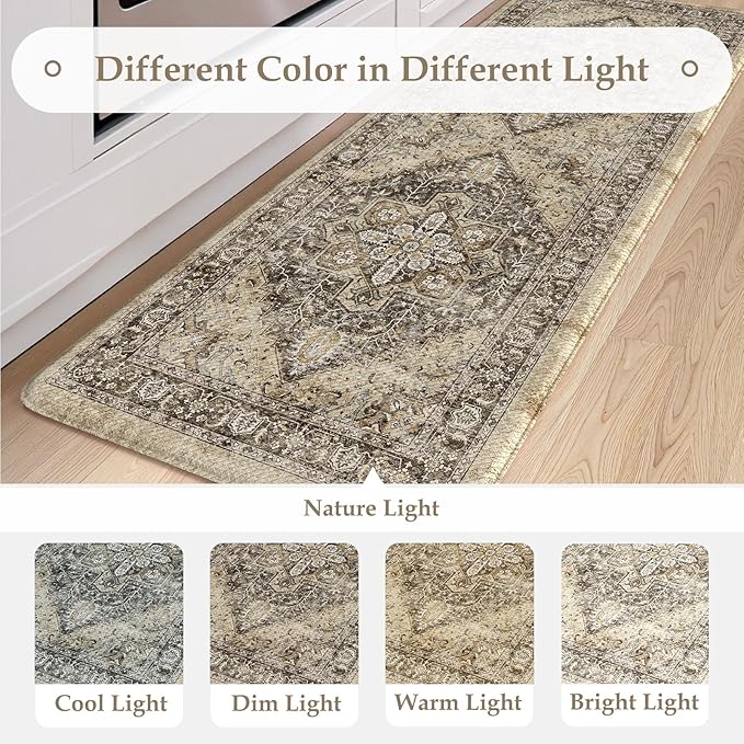 KIMODE Anti Fatigue Kitchen Mat, Boho Distressed Kitchen Rugs Sets of 2, Kitchen Floor Mats Non Slip Cushioned, Waterproof Standing Mat for Laundry, Office, Sink, Desk, Brown 17"x47"+17"x29"