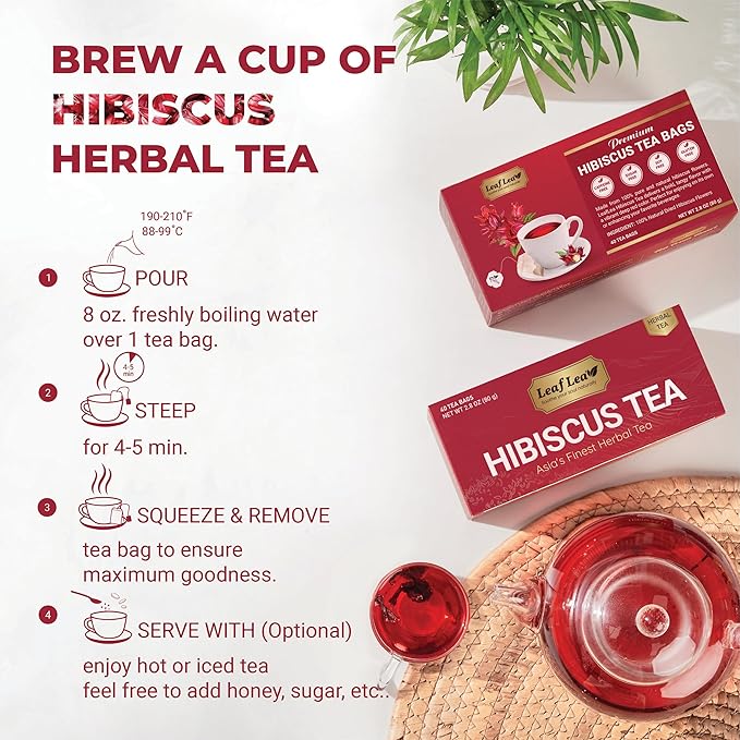LeafLea 120 Hibiscus Tea Bags, 100% Pure Natural Hibiscus Flowers Herbal Tea, Natural Red Hibiscus Flower Tea, Te de Hibisco, Caffeine-Free, No Sugar, Vegan, Non-GMO, Rich in Flavor & Color, Pack of 3