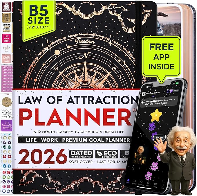2026 Planner Weekly and Monthly | Law of Attraction Planner with Panduo App | A 12 Month Journey for Productivity, Gratitude & Goal Setting | Includes Foldable Vision Board, Gift Box & Stickers