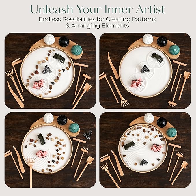 Zen Garden for Desk – Mini Zen Garden Kit for Calming Stress & Relaxing - Japanese Sand Box with Tray, Buddha, Tree, Sand, Rakes, Pebbles & Balls – Sensory Relaxation Gift for Home & Office Decor