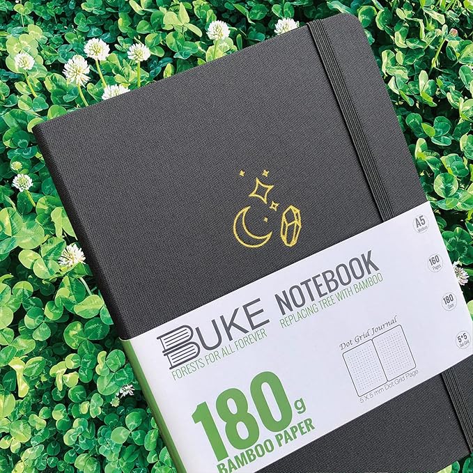 BUKE Mysterious MOON Diamond A5 Black Fabric Hardcover Dotted Notebook Dot Grid Journal 180gsm Bamboo White Paper, 5 * 5MM Dot Grid 160 Pages, Lay Flat Binding,Colored Silver Edges,Waterproof Cover