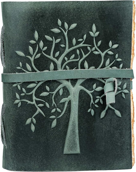 LEATHER VILLAGE Tree of Life Journal - 13 X 8 inches - Aqua - 200 Antique Deckle Edge Handmade Paper – Book of Shadows - Vintage Leather Bound Journal for Women & Men