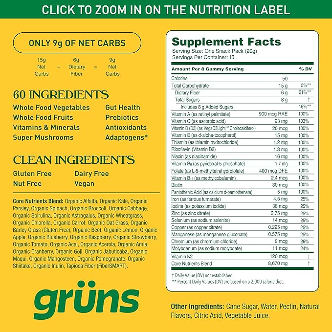 Gruns Adults Super Greens Gummies, Multivitamin Superfood Gummy Bears, Spirulina, Chlorella, Prebiotics & Fiber Gummies for Digestive Health, Adaptogens Supplement, 20 Vitamins & Minerals, 10 Count