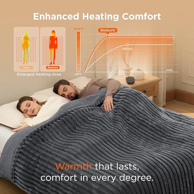 Bedsure Electric Blanket Queen Size - Thick Striped Flannel Electric Blanket with Dual Control, Heating with 10 Heat Settings & 10 Time Settings, 8 hrs Timer Auto Shut Off (84x90 inches, Grey)