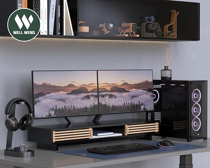 Dual Monitor Stand Riser with Sliding Door, Double Computer Laptop Stand Desk Shelf Organizer with Storage (Black + Natural Bamboo, 38 Inch)