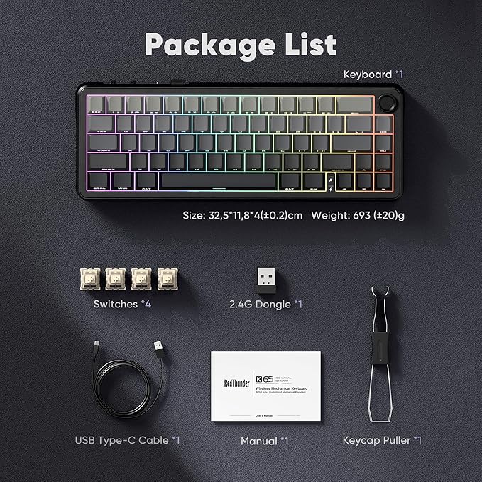 RedThunder K65 Wireless Mechanical Gaming Keyboard, Trip-Modes Connection, Gasket Custom Hot-Swap Keyboard, RGB Backlit, Pre-lubed Linear Switches, Side Printed PBT Keycaps, Gradient Gray