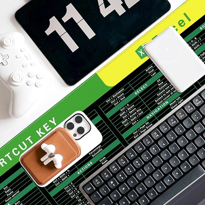 Excel Cheat Sheet Desk Pad, 31.5"x11.8", Waterproof Extra Large Excel Shortcut Mat with Stitched Edges, Anti-Slip Excel Mouse Pad for Office Desk, MS Excel/Word Shortcuts (Green Excel C)