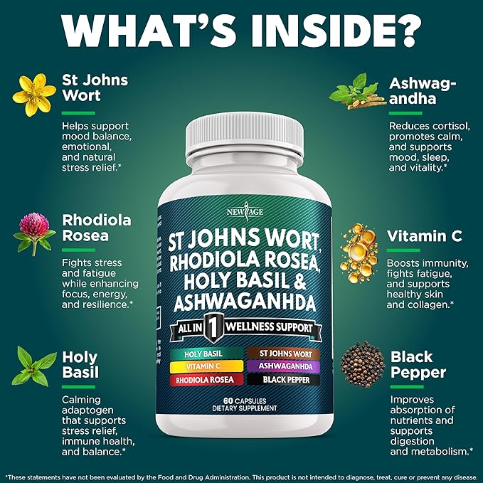 NEW AGE St Johns Wort, Rhodiola Rosea, Holy Basil, Ashwagandha - Support for Women and Men with Vitamin C & Black Pepper Extract - 60 Count