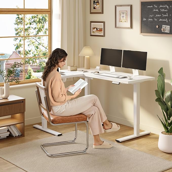 SANODESK L Shaped Standing Desk Adjustable Height, Electric Corner Standing Desk, 63 x 48 inch Sit Stand Computer Table with Splice Board, White