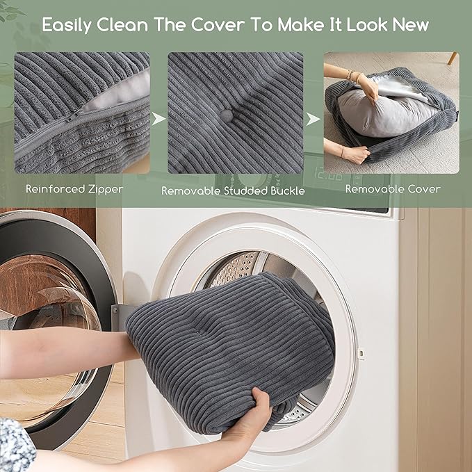 8" Washable Floor Pillow Cushion for Adults, Meditation Cushion Pillow, Large Square Floor Sitting, Removable Tufted Corduroy Cover, for Tatami Living Room or Yoga, 22x22 Inch, 2Pack, Machine Washable