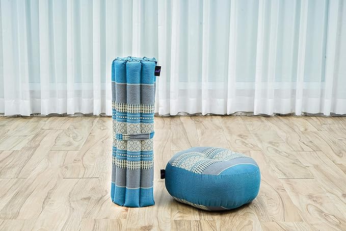 Leewadee Meditation Cushion Set – 1 Small Zafu Yoga Pillow and 1 Small Roll-Up Zabuton Mat Filled with Kapok