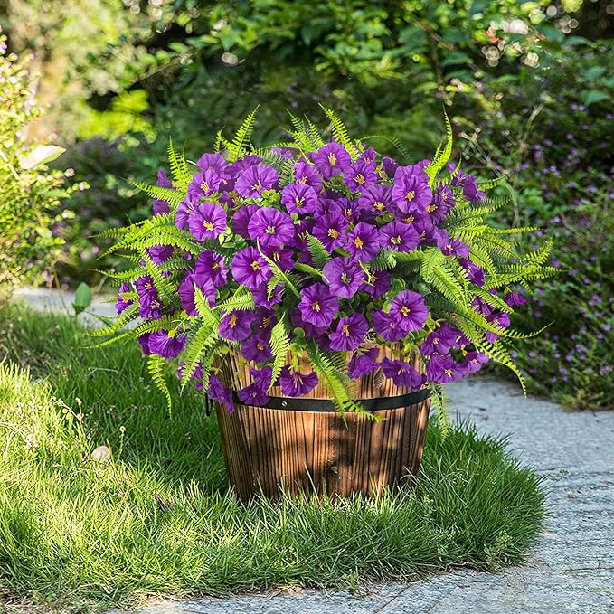 Spring Artificial Flowers Outdoors 12 Bundles Artificial Petunias Fake Flowers UV Resistant Shrubs Plants with Fern for Indoor Outside Hanging Planters Home Garden Decorations (Light Purple)