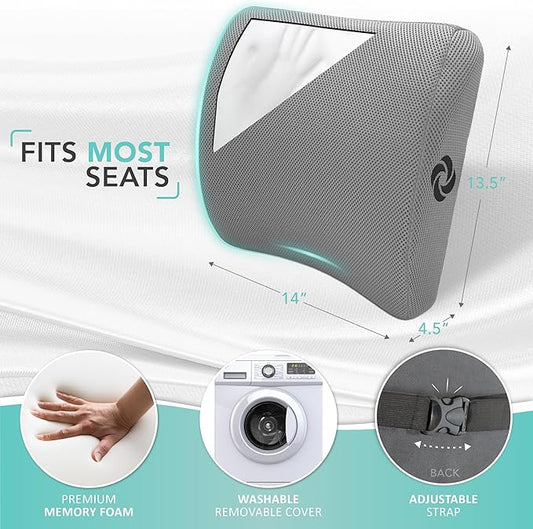 Samsonite Ergonomic Lumbar Support Pillow for Office Chair, Gaming Chair, or Car, Memory Foam Cushion with Ventilated Mesh and Adjustable Strap, Gray