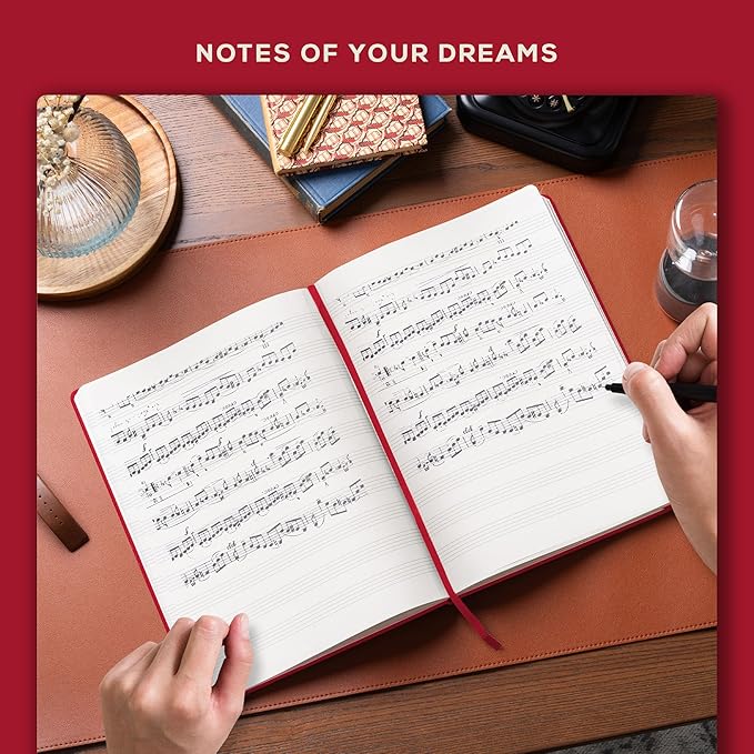 BEECHMORE BOOKS Blank Sheet Music Notebook – A4 8.5x11.5 for Songwriters, Musicians & Composers, 156 Thick 120gsm Pages, 10-Staff Perforated Sheets, Vegan Leather Hardcover, Elastic Closure, Gift Box