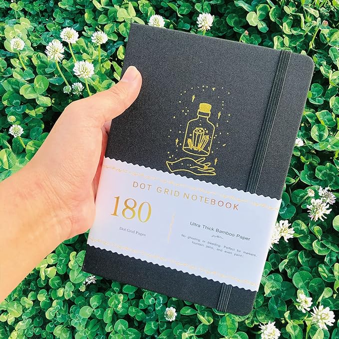 BUKE Dotted Journal,180Gsm Bamboo White Paper, 5 * 5MM Dot Grid 160 Pages, A5 Size Dot Grid Notebook BUJO, Colored Silver Edges and Mystery bottle