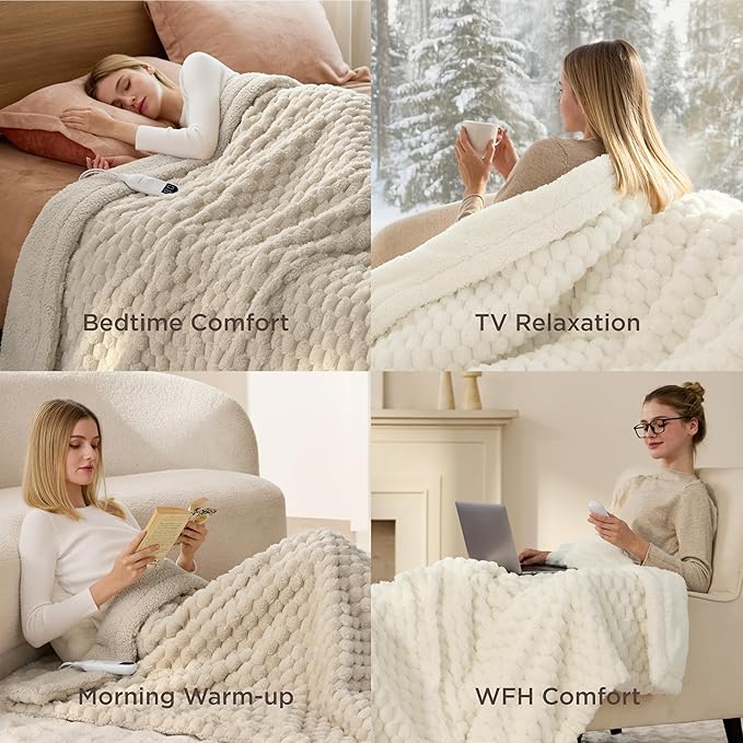 Bedsure Heated Blanket Throw - Super Soft Flannel Sherpa Electric Blanket with Bubble Pattern, Heating with 6 Heating Levels, 4 Time Settings, and 3-Hour Auto-Off (Light Brown, 50x60 inches)
