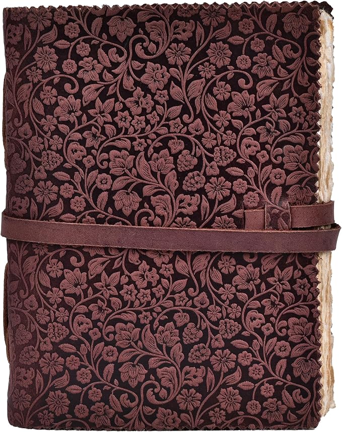 LEATHER VILLAGE Leather Bound Floral Embossed Journal for Women Men - 200 Pages, 6”X4”(A6), Fuchsia - Book of Shadows, Vintage Blank Paper Travel Diary, Notebook for Writing, Drawing, Sketchbook