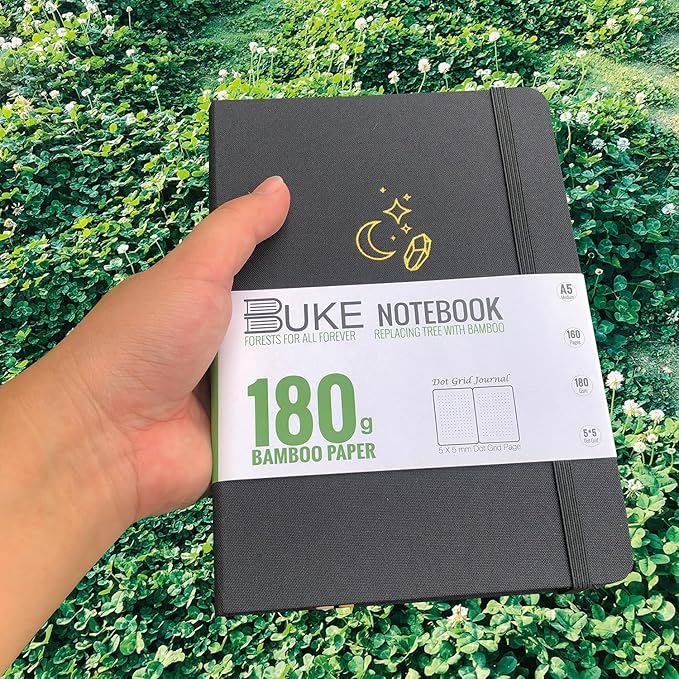 BUKE Mysterious MOON Diamond A5 Black Fabric Hardcover Dotted Notebook Dot Grid Journal 180gsm Bamboo White Paper, 5 * 5MM Dot Grid 160 Pages, Lay Flat Binding,Colored Silver Edges,Waterproof Cover