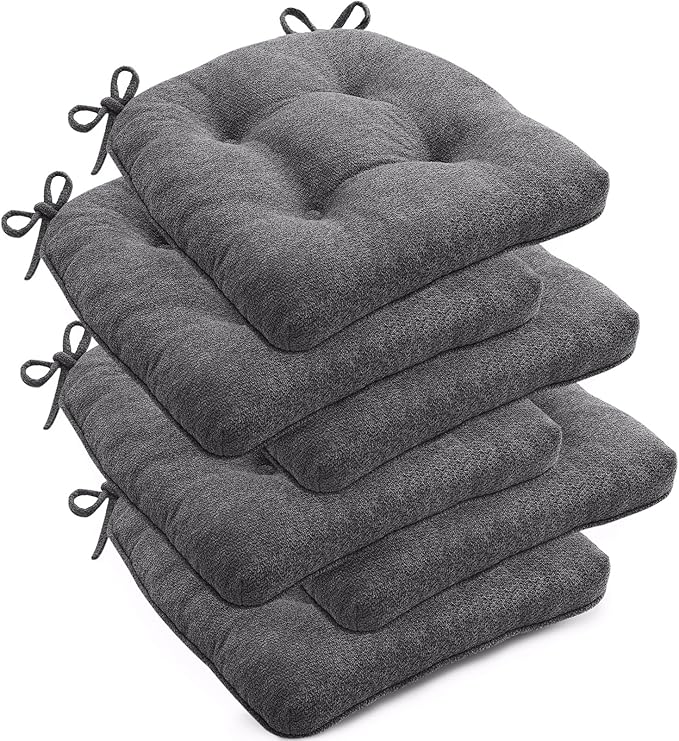 Chair Cushions Set of 6 for Dining Chairs, 16.5"x15.5" Kitchen Chair Pads with Memory Foam, Non-Slip Bottom & Ties, Tufted Indoor Seat Cushions for Home Use – Dark Grey