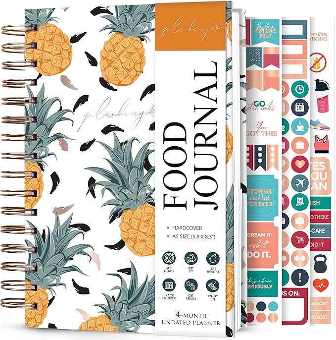 PLANBERRY Food Journal Premium – Nutrition Planner – Diet & Calorie Tracker – Meal & Exercise Diary – Weight Loss Journal (Pineapple)