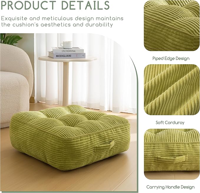 8" Washable Floor Pillow Cushion for Adults, Meditation Cushion Pillow, Large Square Floor Sitting, Removable Tufted Corduroy Cover, for Tatami Living Room or Yoga, 22x22 Inch, 2Pack, Machine Washable