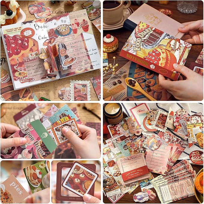 Scrapbooking Supplies Kit: Vintage Aesthetic Scrapbook Kit, Junk Journal Supplies with Scrapbook Stickers Paper, Journaling Supplies, Birthday Craft Gift for Adult Teen Girls Kid, Food Diary