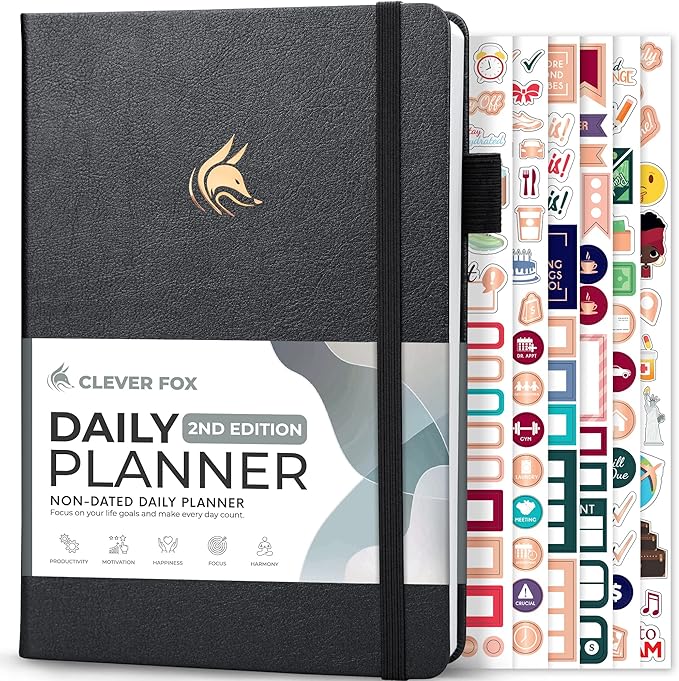 Clever Fox Daily Planner 2nd Edition – Undated Time Block Task Organizer with Hourly Schedule & To-do list – A5, 6 Months (Silver Black)