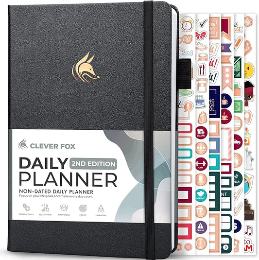 Clever Fox Daily Planner 2nd Edition – Undated Time Block Task Organizer with Hourly Schedule & To-do list – A5, 6 Months (Silver Black)