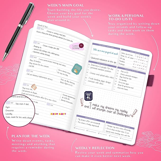 Legend Weekly Colorful Planner 2nd Edition – Undated Life & Work Agenda Journal for Time Management, Goal Setting, Productivity, Tasks & To Do Lists – A5 size, 5.8 ″ x 8.3″, Hardcover – Hot Pink