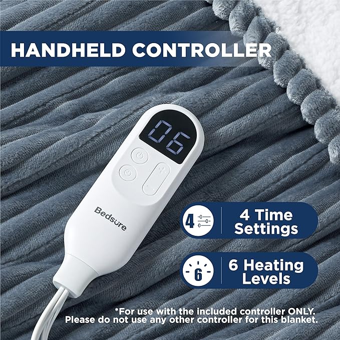 Bedsure GentleSoft Heated Blanket Electric Throw - Soft Ribbed Flannel Electric Blanket, Heating with 4 Time Settings, 6 Heat Levels, 3 hrs Timer Auto Shut Off, Gifts for Grandma (50x60 inches, Grey)