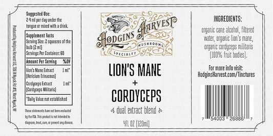 Hodgins Harvest Organic Lion’s Mane + Cordyceps Tincture | Made with Mushrooms Grown On Our Farm in The USA | Dual Extract | Extra-Concentrated (4 fl oz)