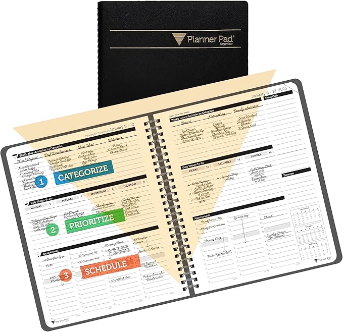 Planner Pad Spiral Bound January-December 2025/ Calendar Year 6 3/4" x 8 1/2" Medium 3-Tier Funnel Down 12 Month Organizer, Black Cover/Black Ink