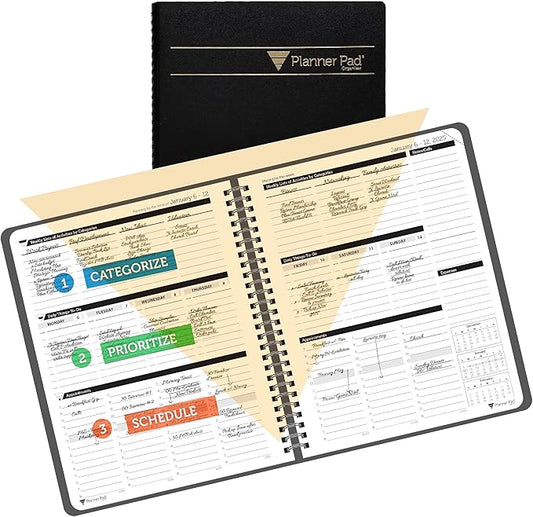 Planner Pad Spiral Bound January-December 2025/ Calendar Year 6 3/4" x 8 1/2" Medium 3-Tier Funnel Down 12 Month Organizer, Black Cover/Black Ink