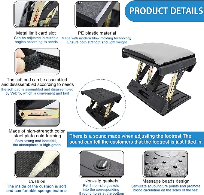 Adjustable Foot Rest for Under Desk at Work with 4 Height Levels, Under-Desk Footrest with Massage Surface, Foot Stool Under Desk for Office, Home, Maximum Load 120 Pounds (Gray)