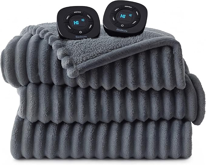 Bedsure Electric Blanket King Size - Thick Striped Flannel Electric Blanket with Dual Control, Heating with 10 Heat Settings & 10 Time Settings, 8 hrs Timer Auto Shut Off (90x100 inches, Grey)