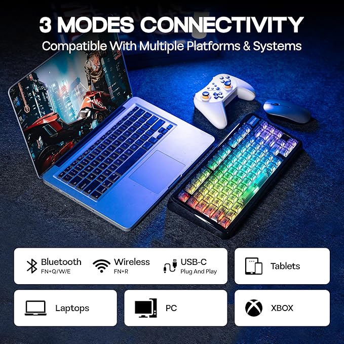 KiiBoom Phantom81 Lite 75% Gasket Mechanical Keyboard, QMK&VIA Programmable, 3 Modes Wireless Gaming Keyboard, RGB Backlights, ABS Case + UV Tech, Hot-Swappable for Windows/Mac/Linux (Black)