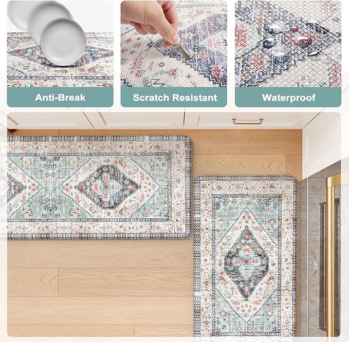 KIMODE Anti Fatigue Kitchen Mats for Floor,17.3" x 29" Vintage Blue Cushioned Kitchen Rugs,Non-Slip Waterproof Kitchen Sink Standing Mat Wipe Clean for Kitchen,Laundry Floor
