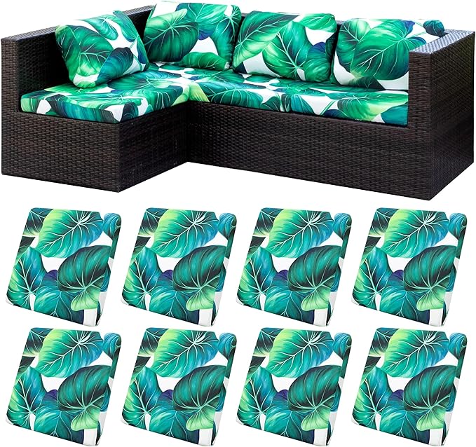8 Pcs Stretch Patio Cushion Covers,Outdoor Couch Covers Replacement,Outdoor Couch & Sofa Slipcovers,for Patio Furniture Cushion Covers,Washable Reusable Furniture Protector (Green Leaf, Cover Only)