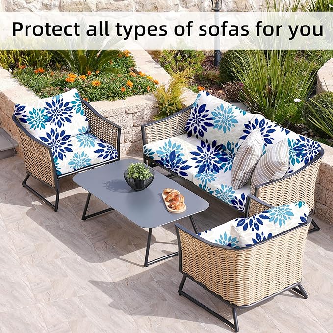 8Pcs Stretch Patio Cushion Covers,Outdoor Couch Covers Replacement,Outdoor Couch & Sofa Slipcovers,for Patio Furniture Cushion Covers,Washable Reusable Furniture Protector(Blue Flower,Cover Only)