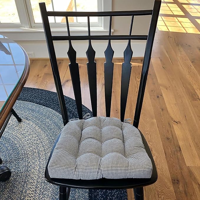 Barnett Home Decor Madrid Dark Blue Dining Chair Pad with Ties - 15 x 17 Size Small Chair Cushion - Latex Foam Fill - Machine Washable, Reversible, 100% Cotton, Made in USA (Gingham Check)