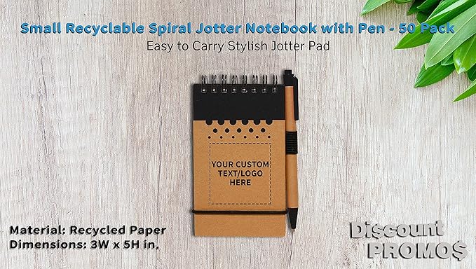 DISCOUNT PROMOS 50 Recyclable Spiral Small Notebooks Pack - Customizable Text, Logo - 60 Lined Pages - Black