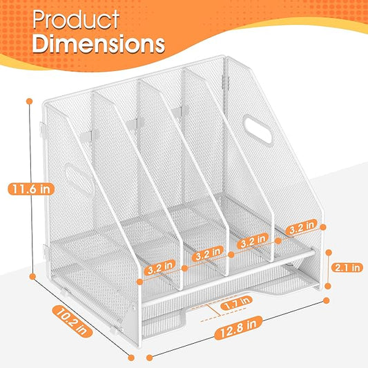 Desk File Folder Holder Organizer-4 Vertical Compartments Racks and Paper Letter Tray,Mesh Magazine File Holder Sorter,Desktop Accessories & Workspace Organizers for Home,Office,School-White