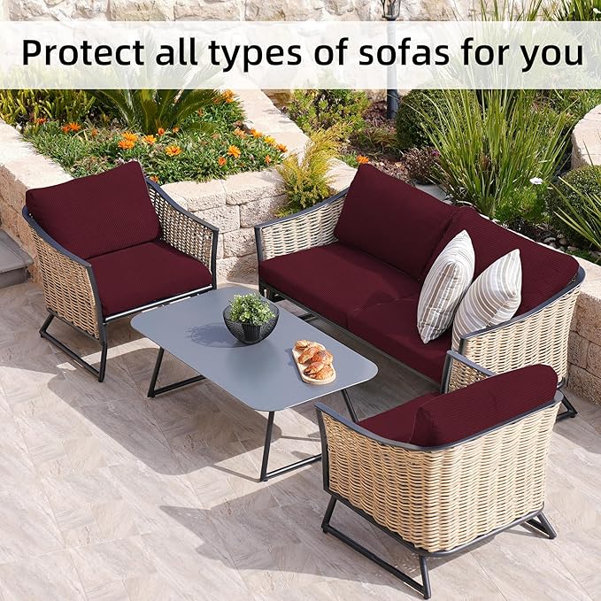 8Pcs Stretch Patio Cushion Covers,Outdoor Couch Covers Replacement,Outdoor Couch & Sofa Slipcovers,for Patio Furniture Cushion Covers,Washable Reusable Furniture Protector (Wine red,Cover Only)