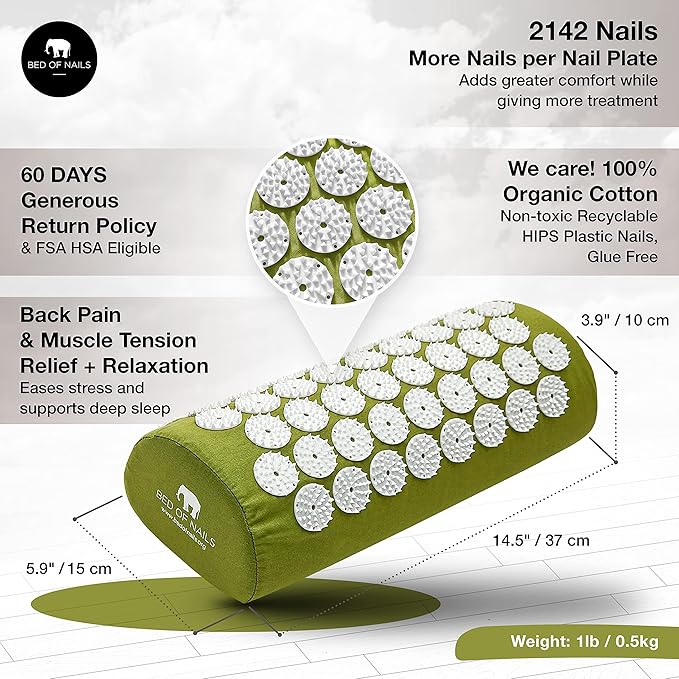 Original Comfortable Acupressure Lumbar Cushion Pillow, 2142 Acupuncture Pressure Points, Neck Pain Relief, Increased Energy, Relaxation, FSA/HSA Eligible, Drawstring Bag, 15x6x4, Green